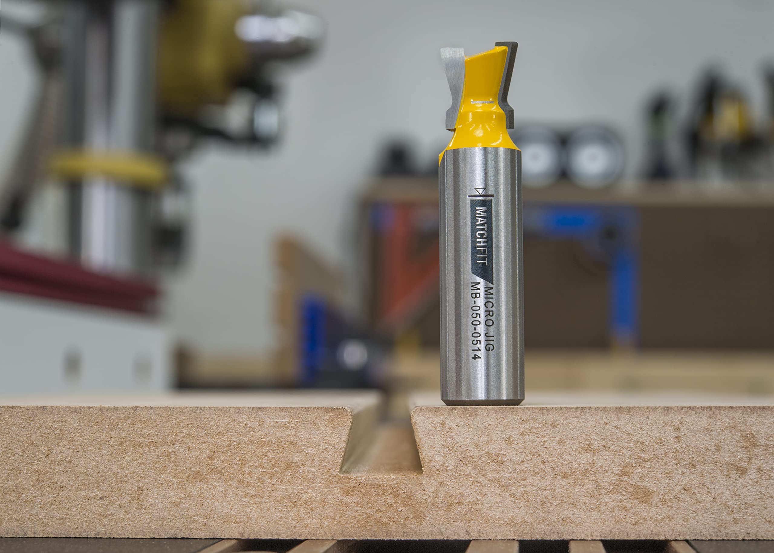 MICROJIG Matchfit dovetail bit with down shear for smoother cuts.