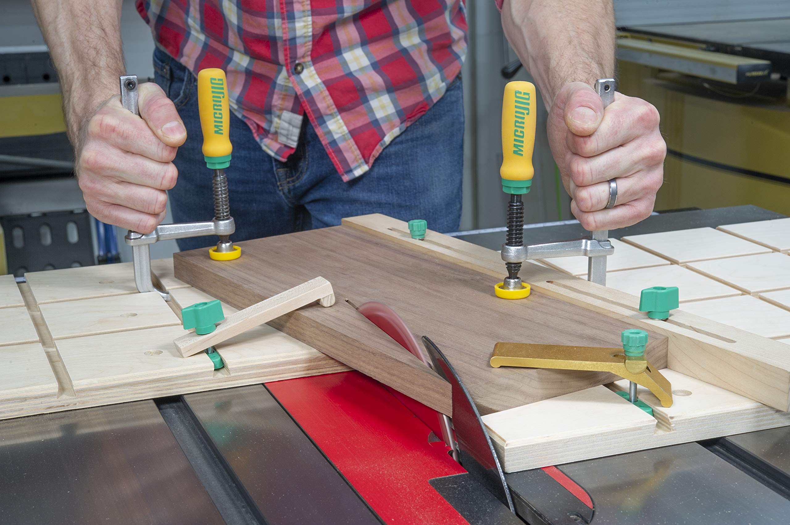 MICROJIG Matchfit clamp with extension fences enables tall, customizable jigs.