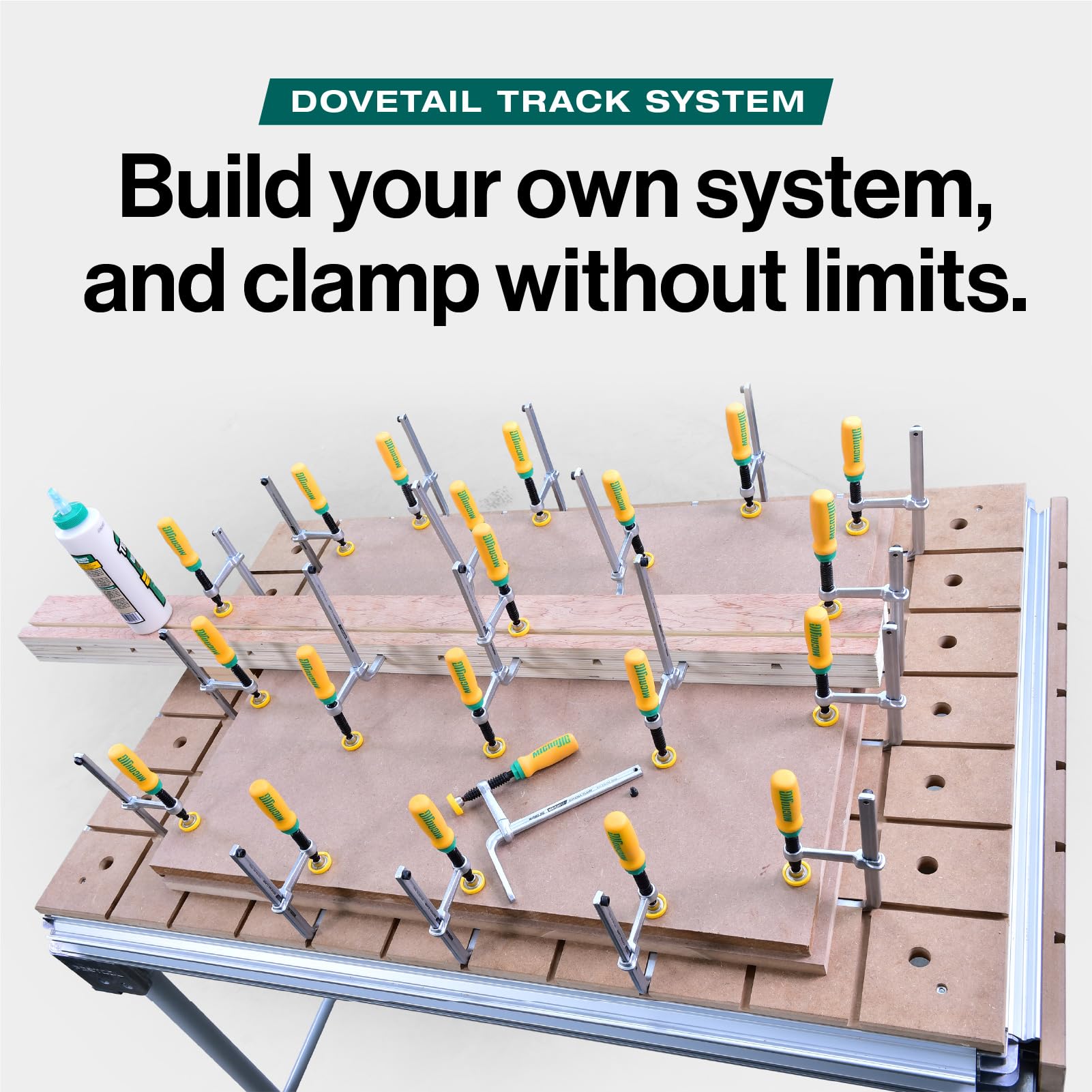 MICROJIG MatchFit Dovetail Clamps acting as hold-downs on jigs.