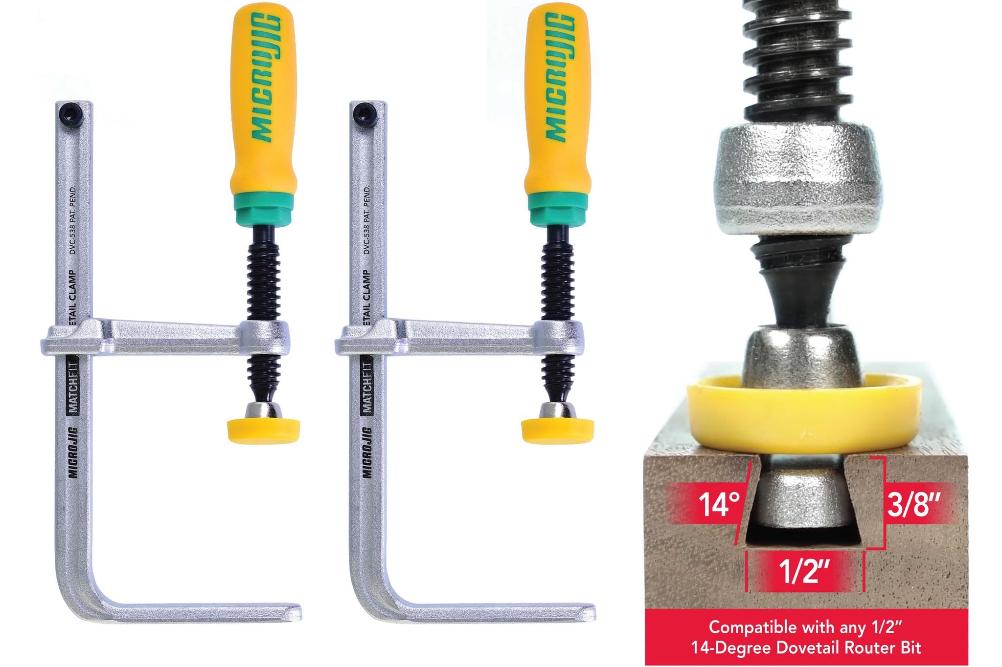 MICROJIG MatchFit Dovetail Clamps on a workbench enable versatile clamping.