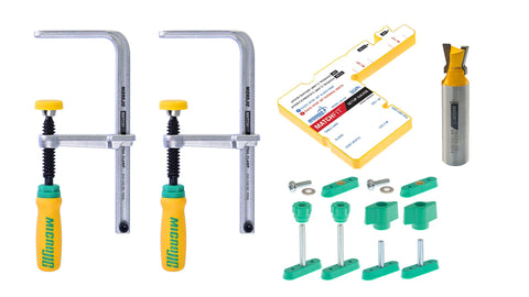 MICROJIG Matchfit Dovetail Clamp Pro mounted on a track for secure, precise clamping.
