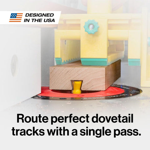 MicroJIG Matchfit Dovetail Router Bit demonstrates down-shear evacuation for cleaner cuts and cooler operation.