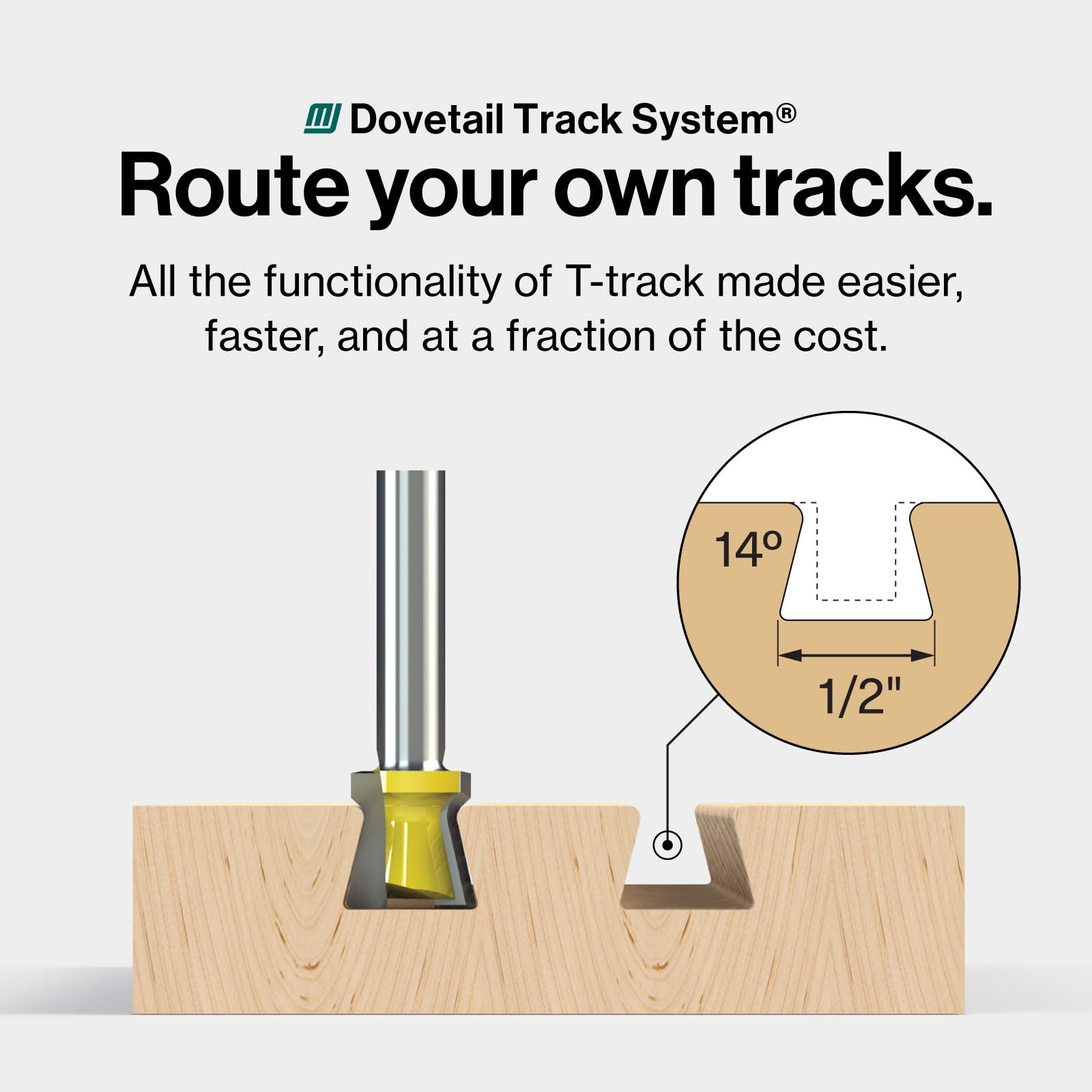MicroJIG Matchfit Dovetail Router Bit uses an elongated shank for stability across brands.