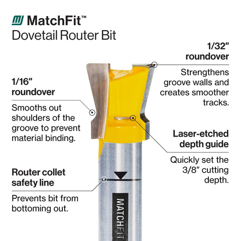 MicroJIG Matchfit Dovetail Router Bit helps you finish dovetails faster with less sanding.