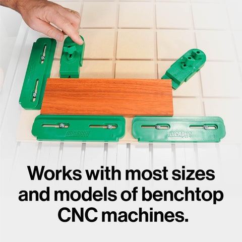 MICROJIG MatchFit dovetail spoil board enables clamp placement along edges.