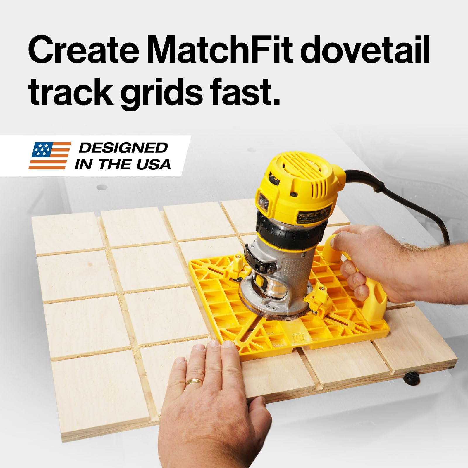MICROJIG MatchFit Grid Router Guide kit-dovetail-bit creates clean dovetail tracks.
