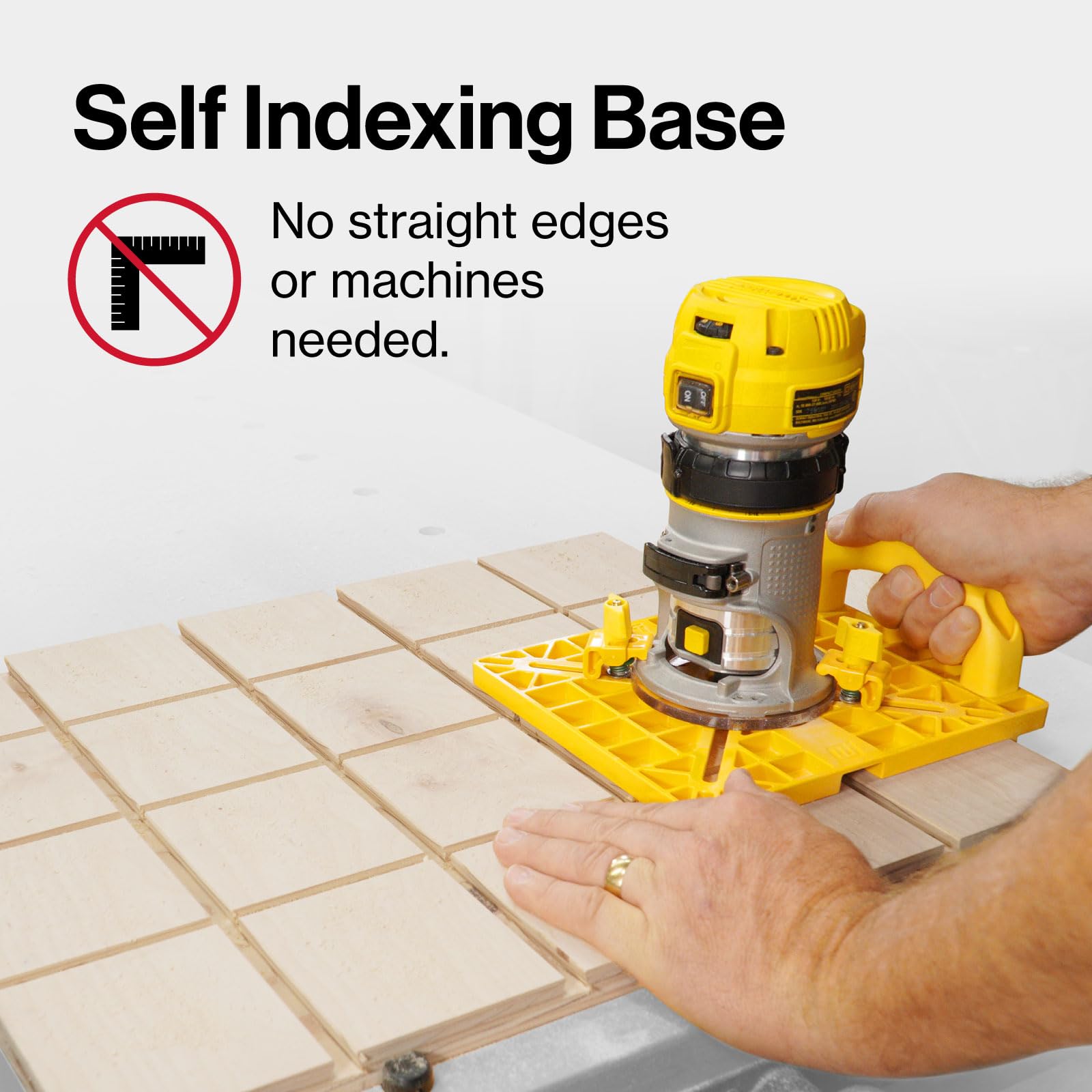 MICROJIG MatchFit Grid Router Guide in-use on panel shows consistent spacing.