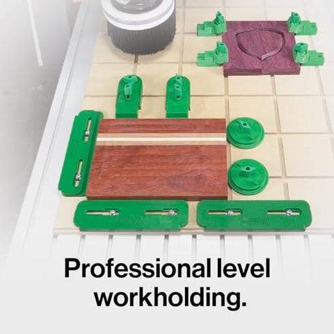 MICROJIG MatchFit ring clamps secure parts with quick side pressure during routing.