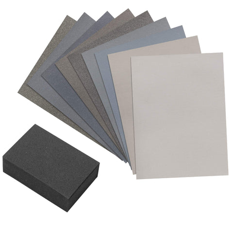 Micro-Mesh kit with nine sheets and foam block for precise wood finishing