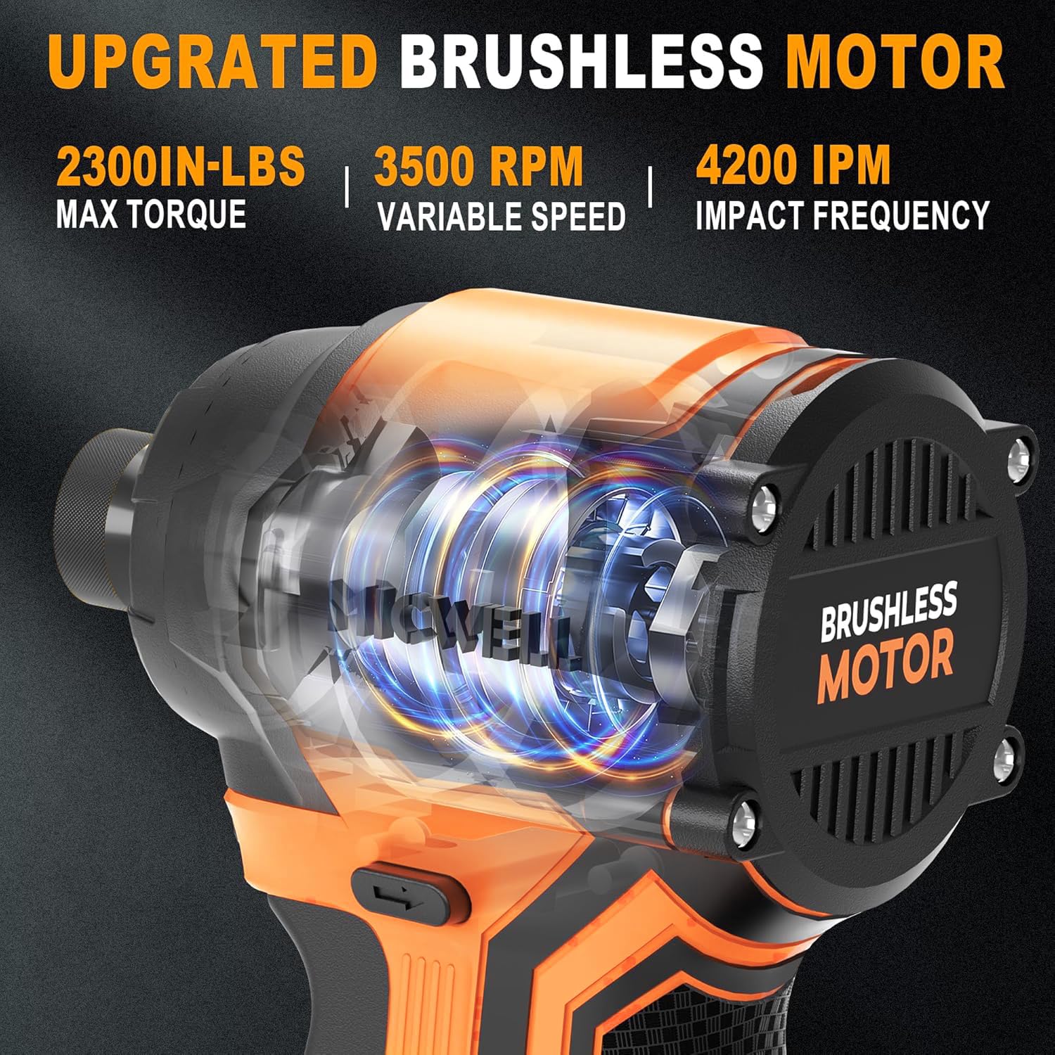 MICWELL impact driver showing torque of 2300 in-lbs for heavy-duty driving tasks.