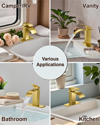 Midanya easy-to-clean brushed gold finish keeps the faucet looking new