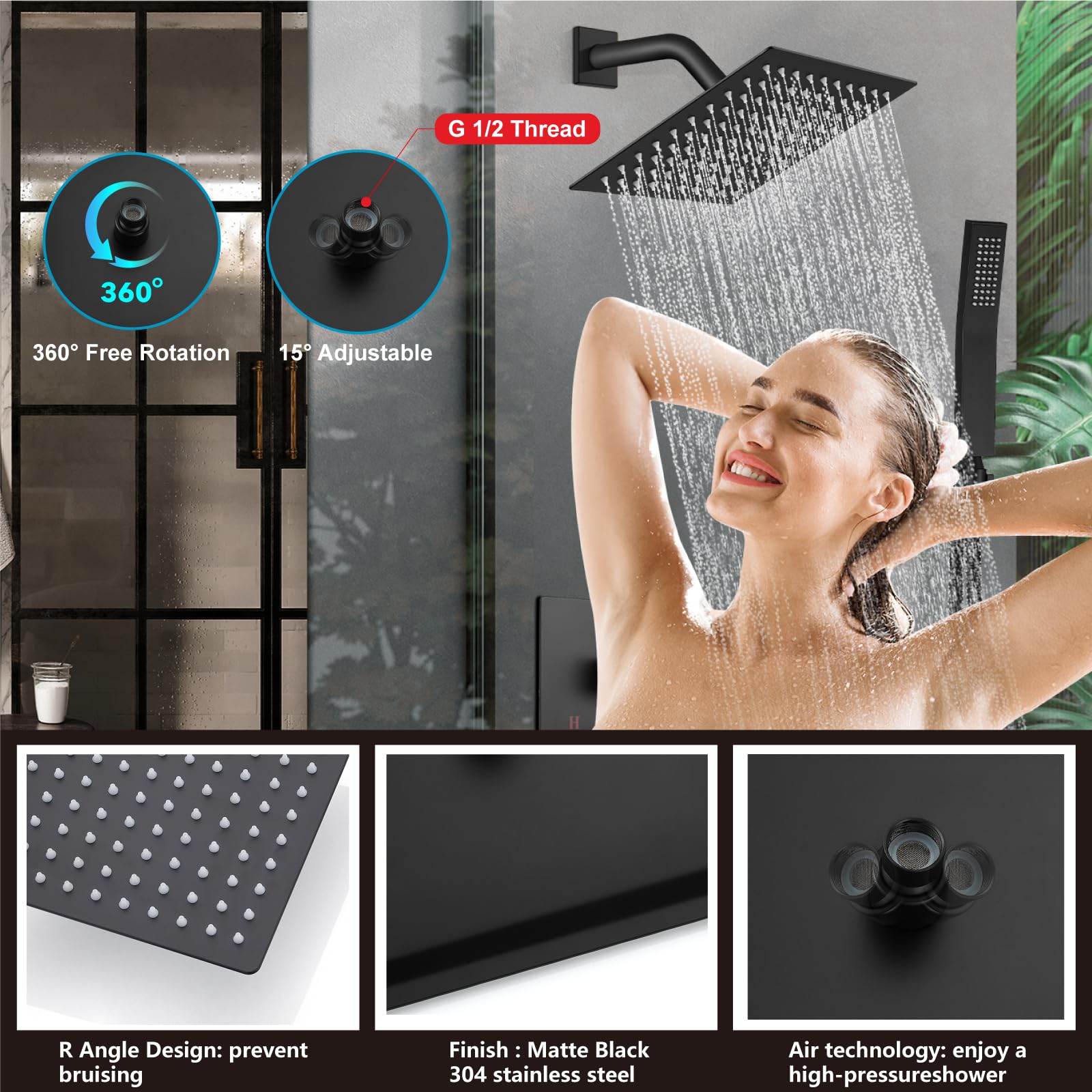 Midanya matte black finish resists scratches and complements modern bathrooms