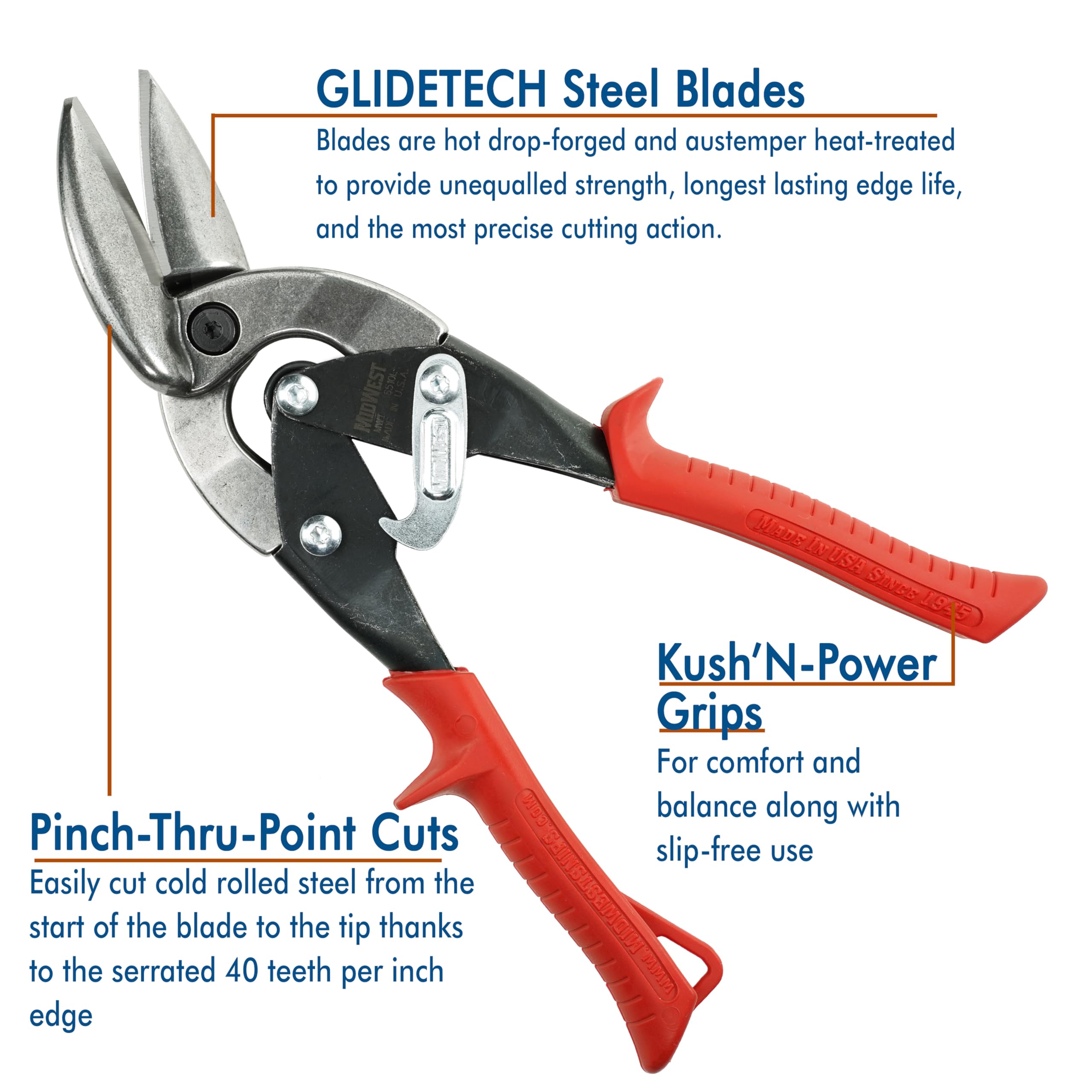 Midwest Snips MWT-6510C pinch-through-point cuts for accurate notches.