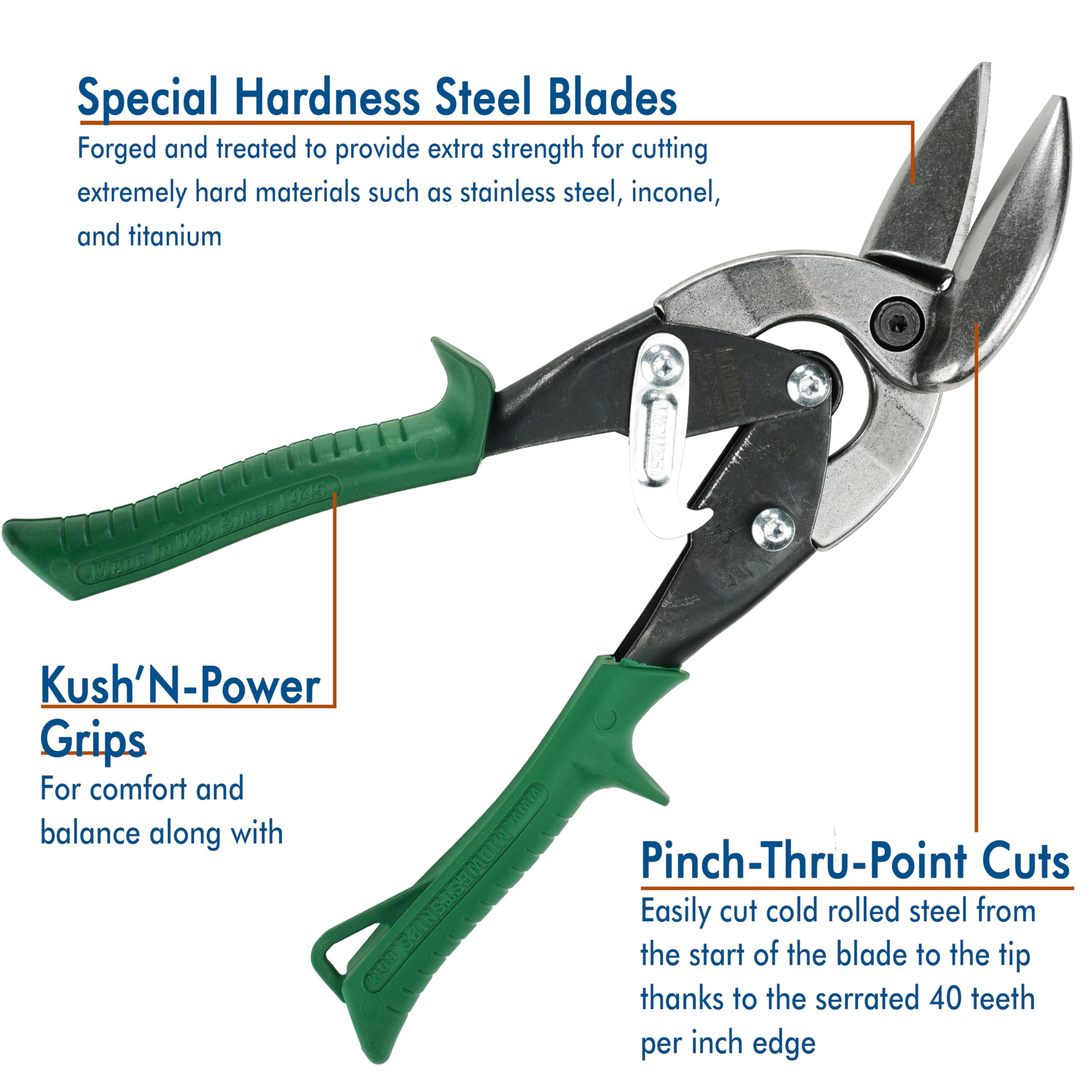 Midwest Snips pinch-through-point design enables precise notch cuts with less effort.