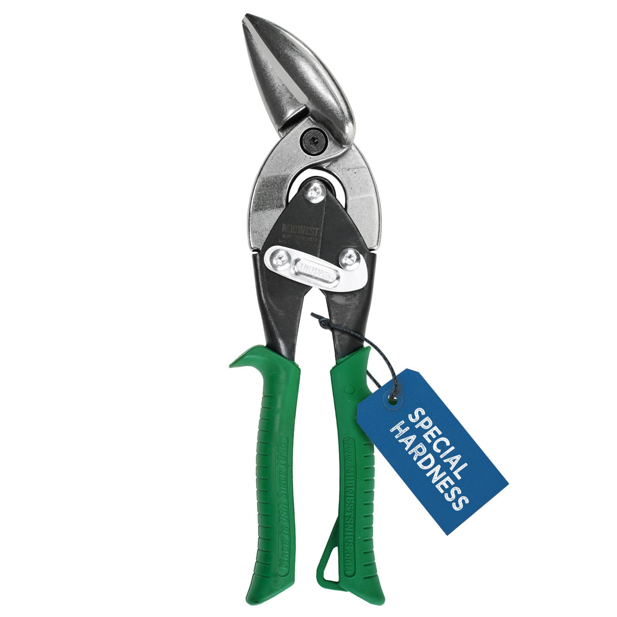 Midwest Snips right-cut offset aviation snip with offset blade for straight and curved cuts.