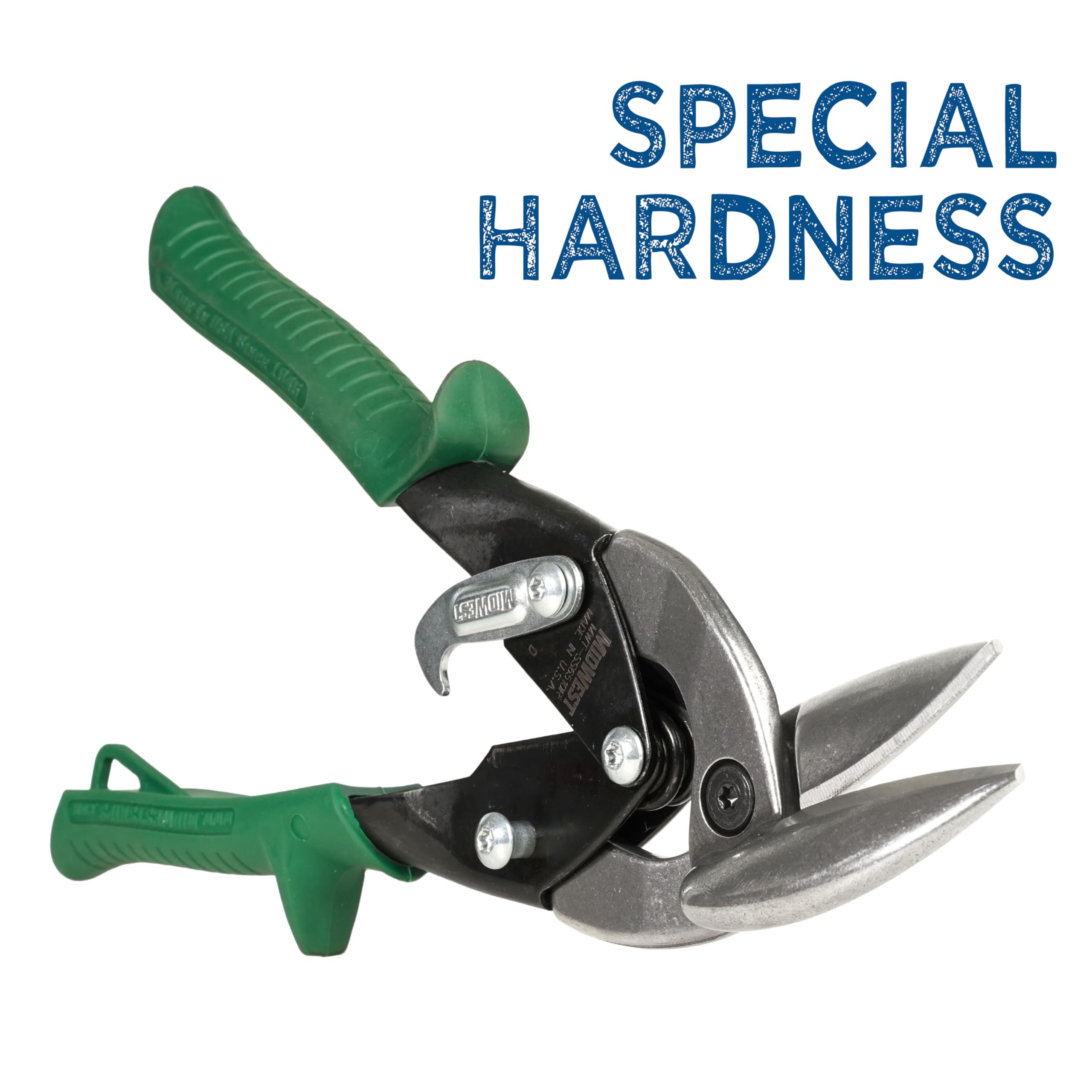 Midwest Snips stainless steel blade demonstrates high-strength edge for hard materials.