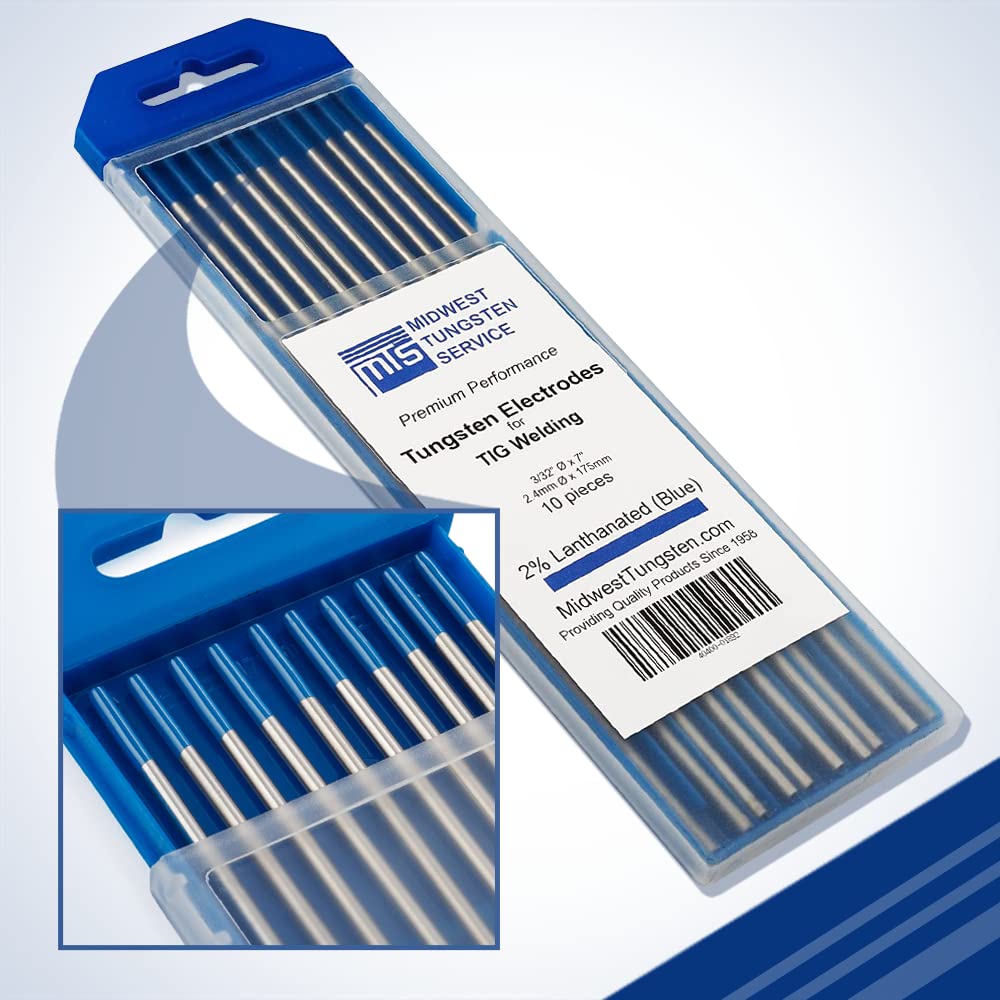 Midwest Tungsten Service TIG welding electrodes 10-pack with blue label for dependable performance.