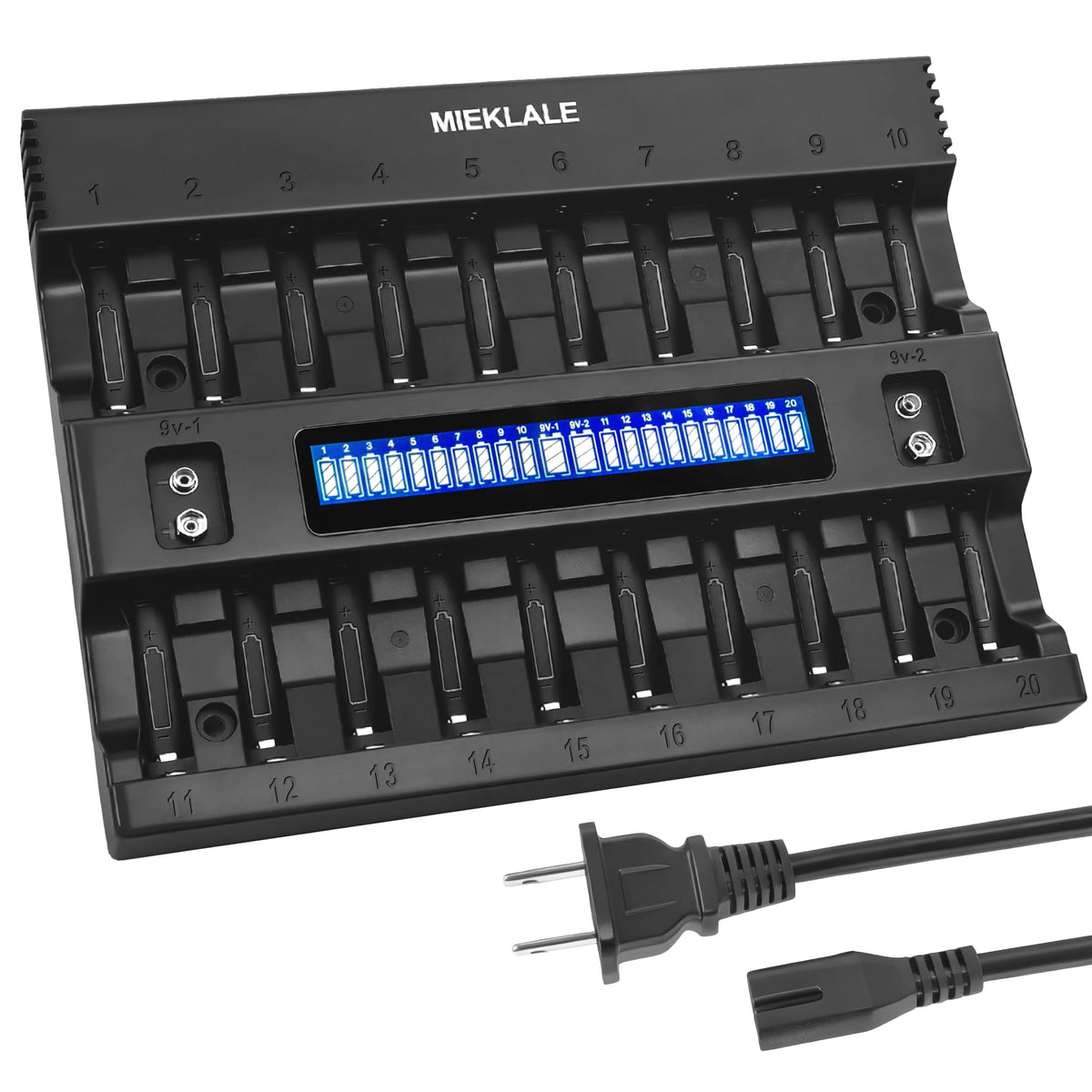 MIEKLALE 20+2 bay charger front view for AA/AAA and 9V batteries.