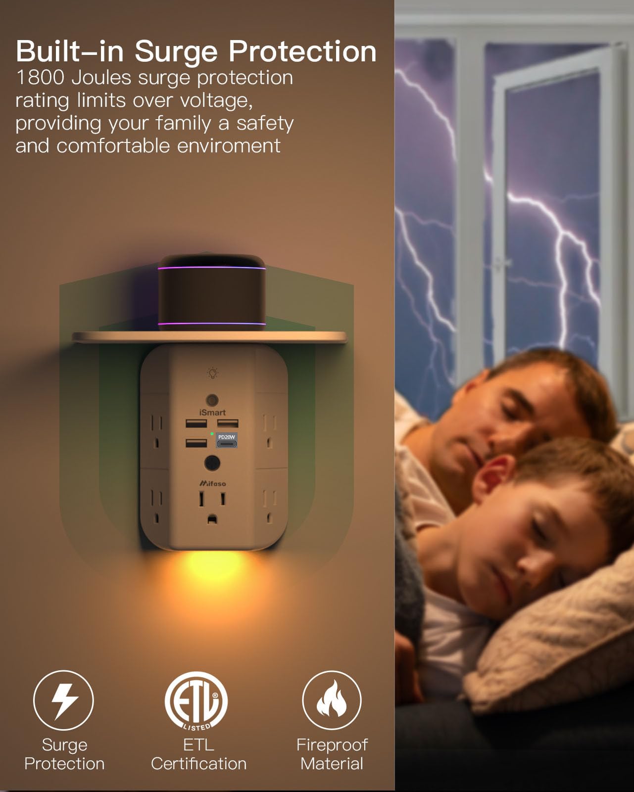Mifaso PD20W USB-C 20W port enables fast charging for compatible devices.