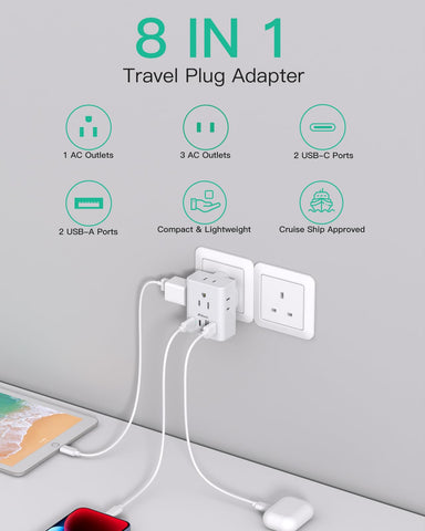 Mifaso US to UK travel adapter with 4 USB ports including 2 USB-C