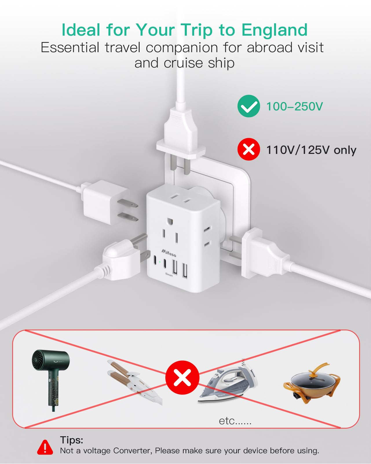 Mifaso overview of USA to UK travel adapter for wide compatibility