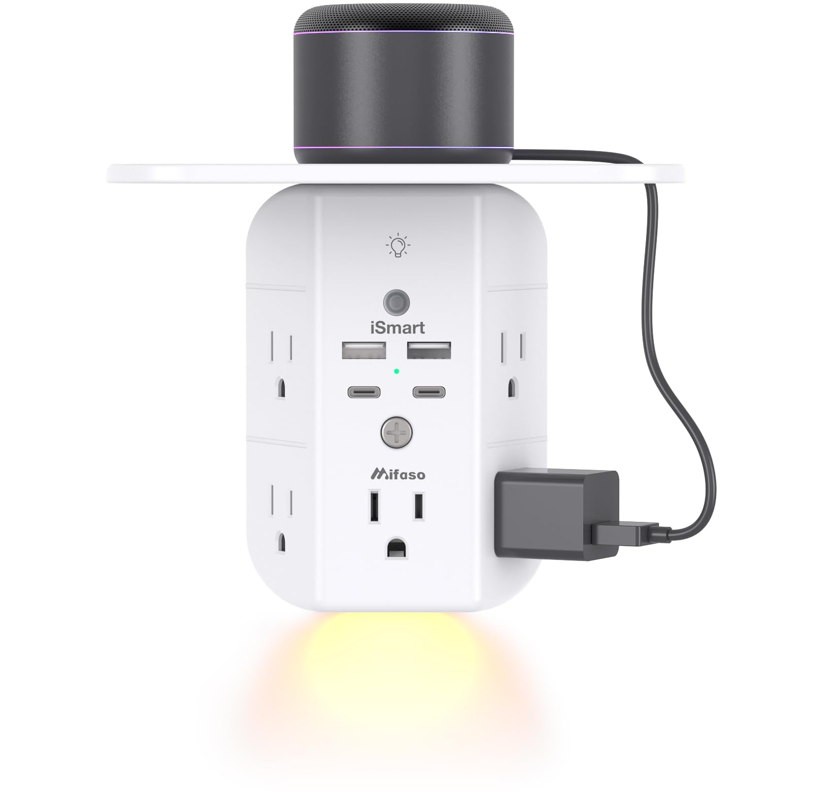 Mifaso wall outlet extender with shelf full view showing organized charging for bedside use