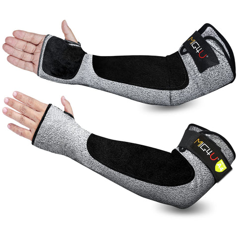 Mig4U cut-resistant sleeve with leather patches, front view, enhanced arm protection during heavy-duty tasks.