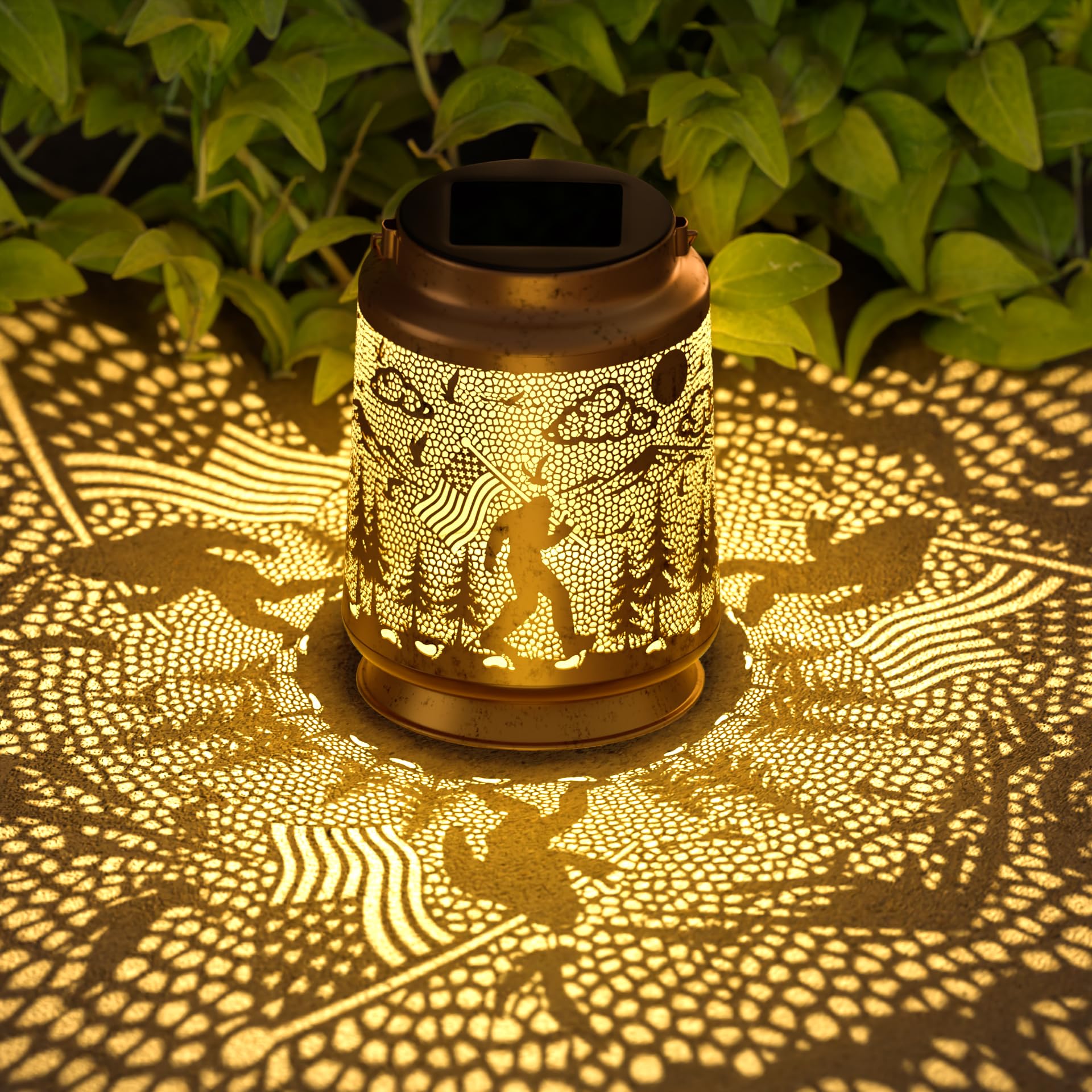 Miggley Bigfoot solar lantern hanging from a tree for warm garden ambience.
