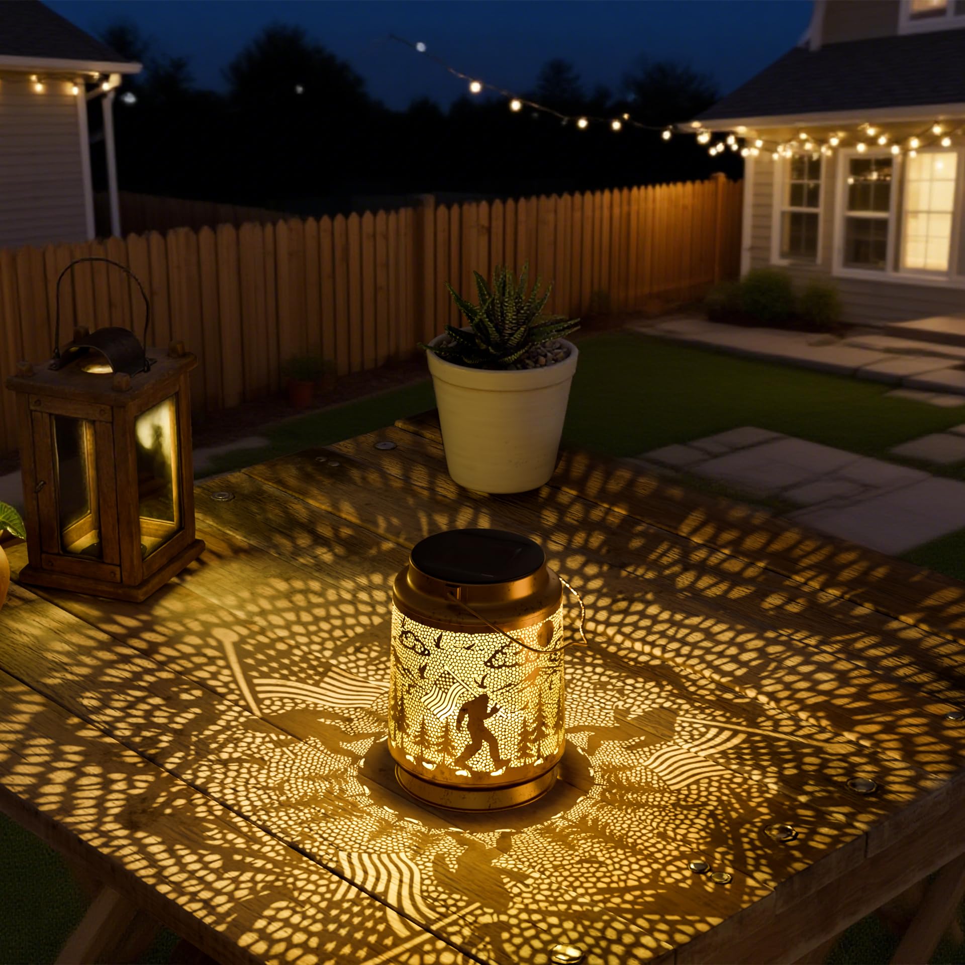 Miggley Bigfoot solar lantern along the yard path adds glow.