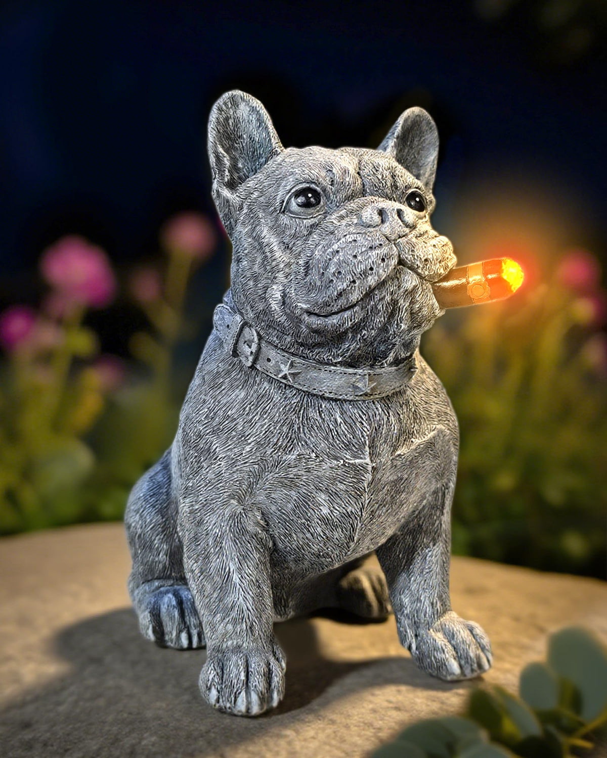 Miggley dog solar garden statue in daylight enhances outdoor curb appeal.