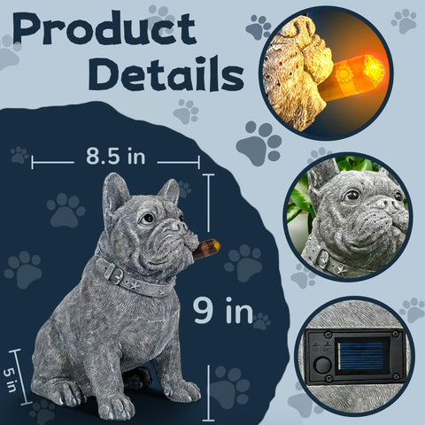Miggley French Bulldog garden light close-up with glowing mouth for ambient ambience.
