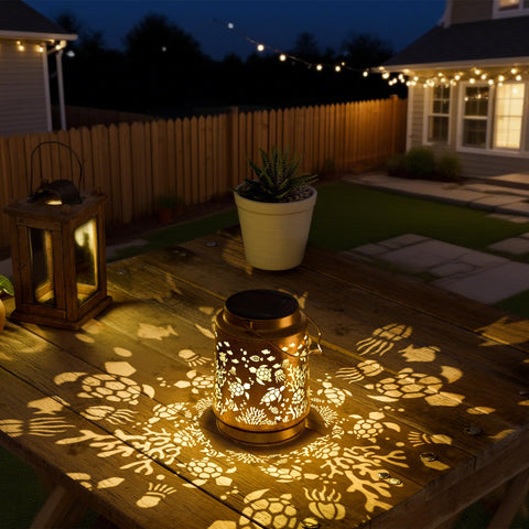 Miggley Sea Turtle Solar Lantern on patio table provides easy, hands-free lighting