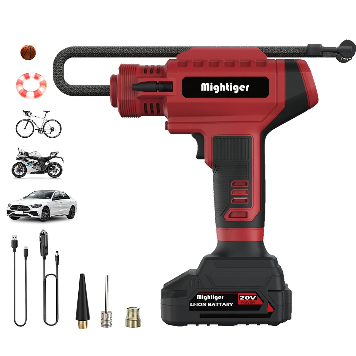Mightiger tire inflator with 20V battery for cordless roadside inflation