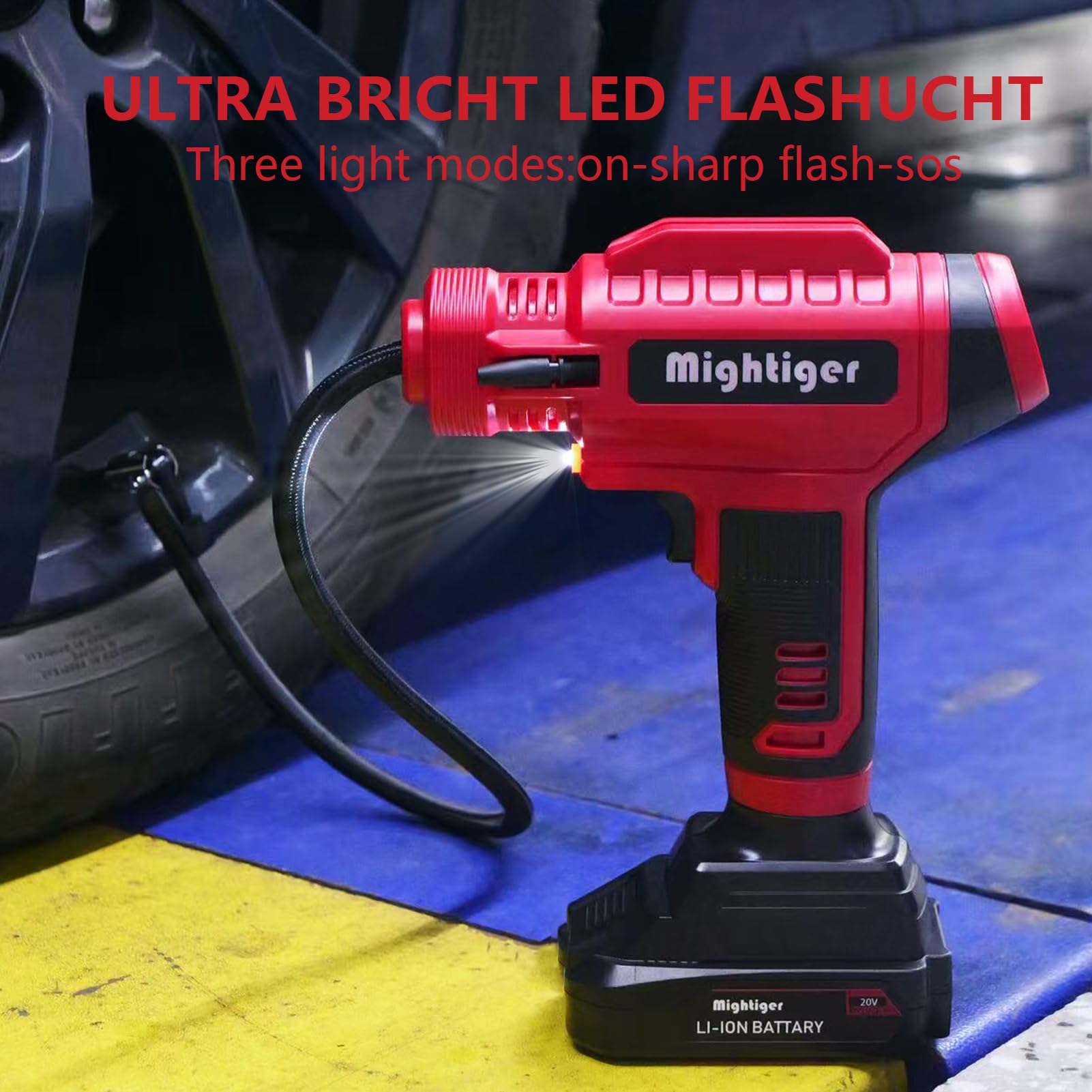 Mightiger tire inflator LED light illuminates tire valve area at night