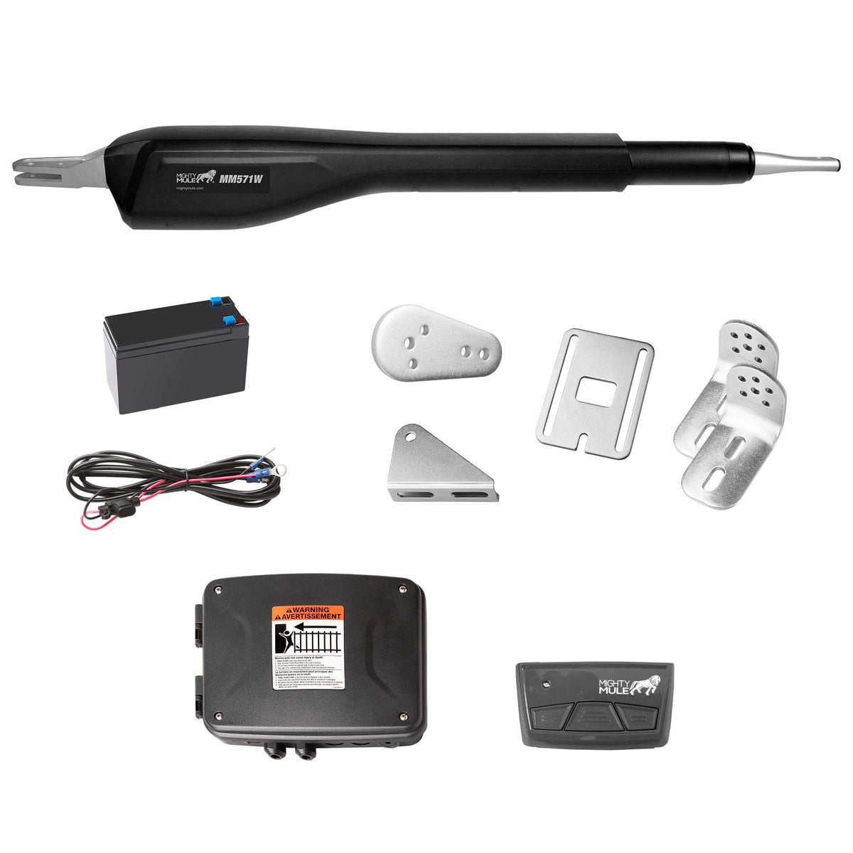 Mighty Mule MM571W gate opener installed on a swing gate for easy automation.