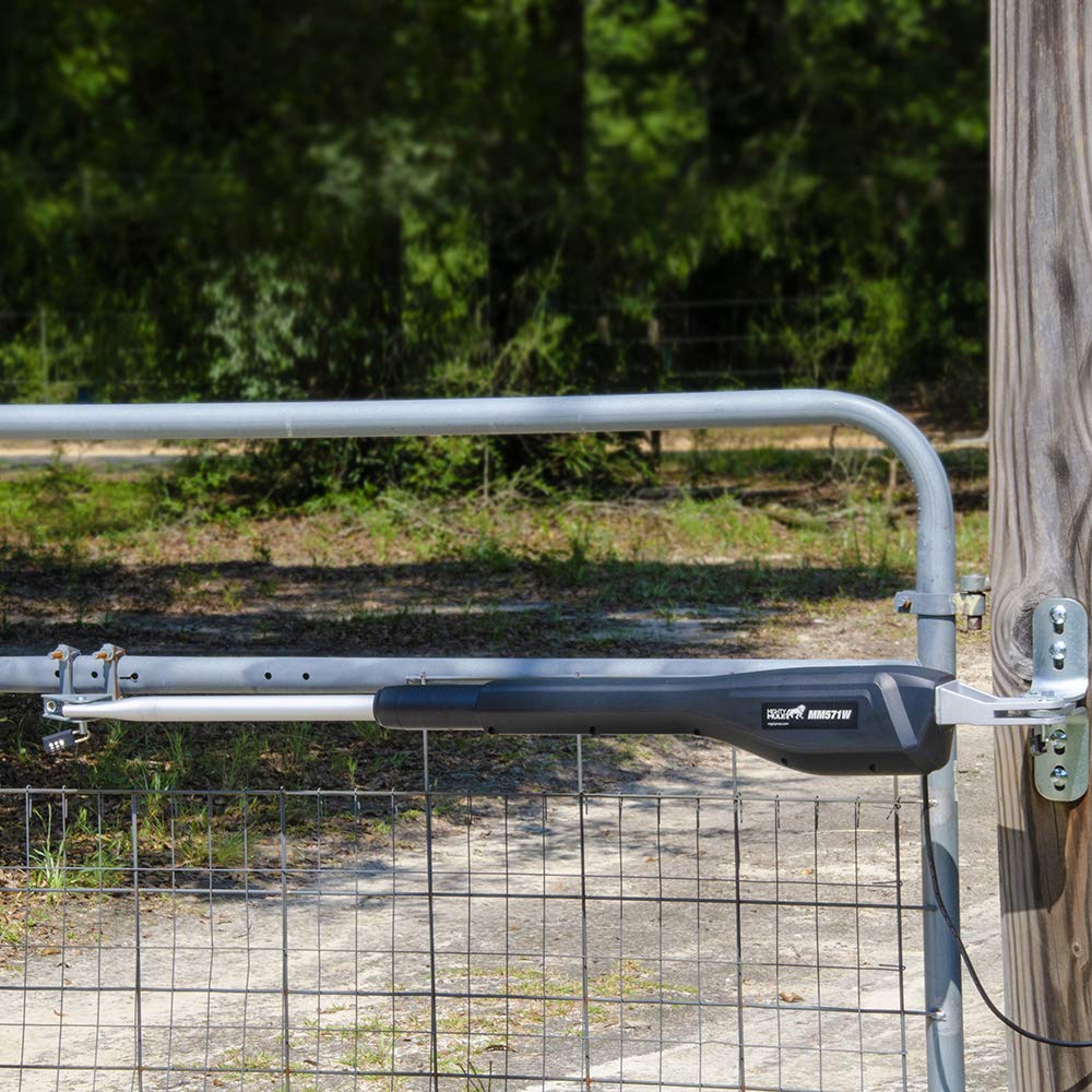 Mighty Mule MM571W fits ornamental chain link vinyl and wood gates.