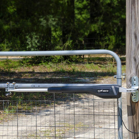 Mighty Mule MM571W fits ornamental chain link vinyl and wood gates.