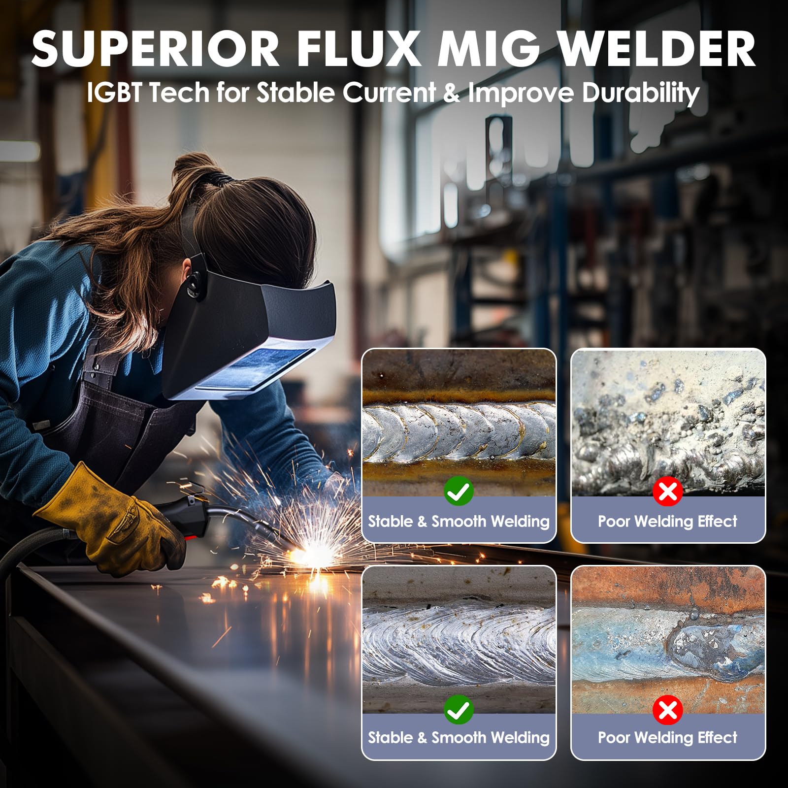 Migvan M-140 synergistic control for consistent, smoother welds.