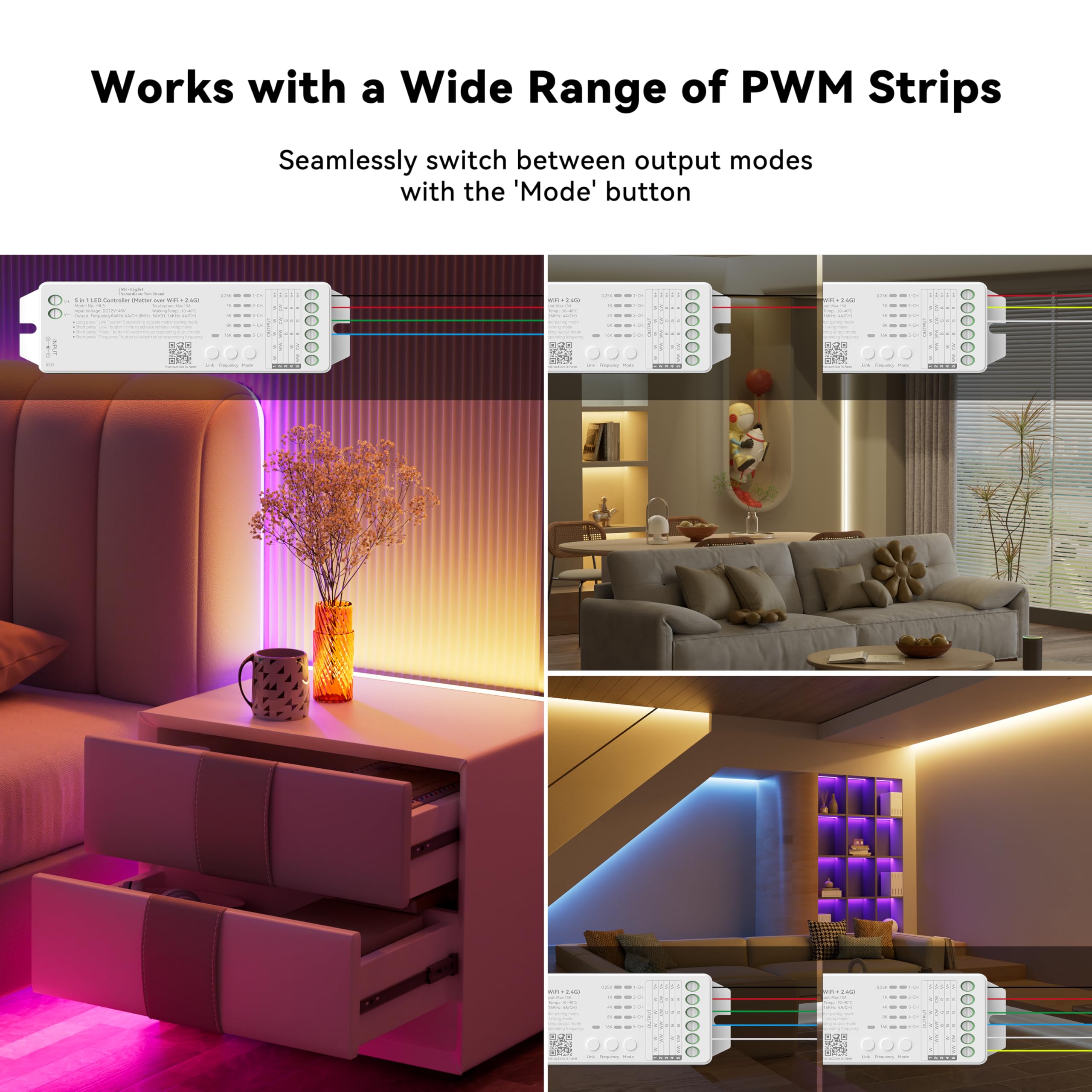 MIWISE Matter LED Controller ports and 12-48V connections highlight flexibility