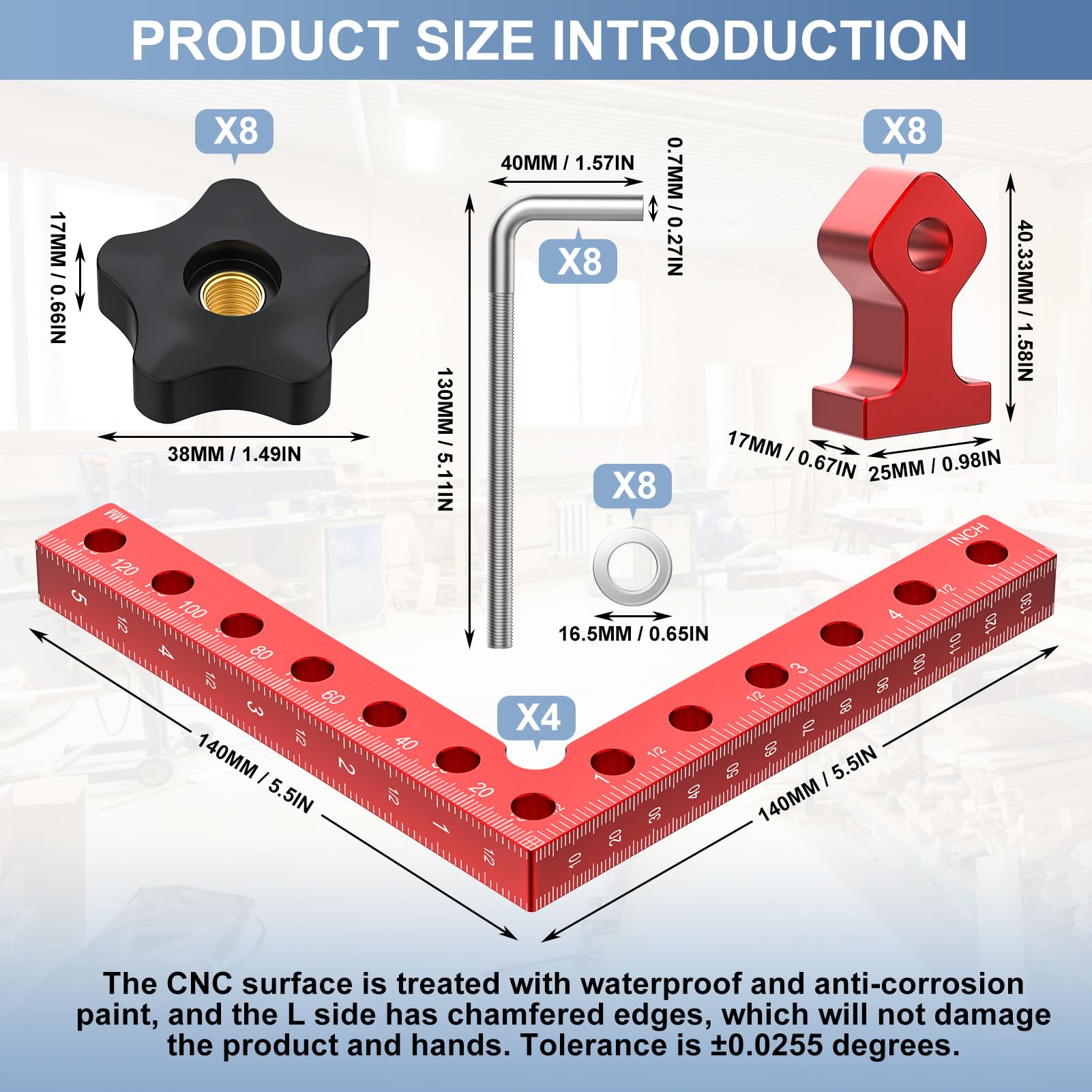 Mikego 90-degree clamp close-up showing anodized red finish and smooth edge