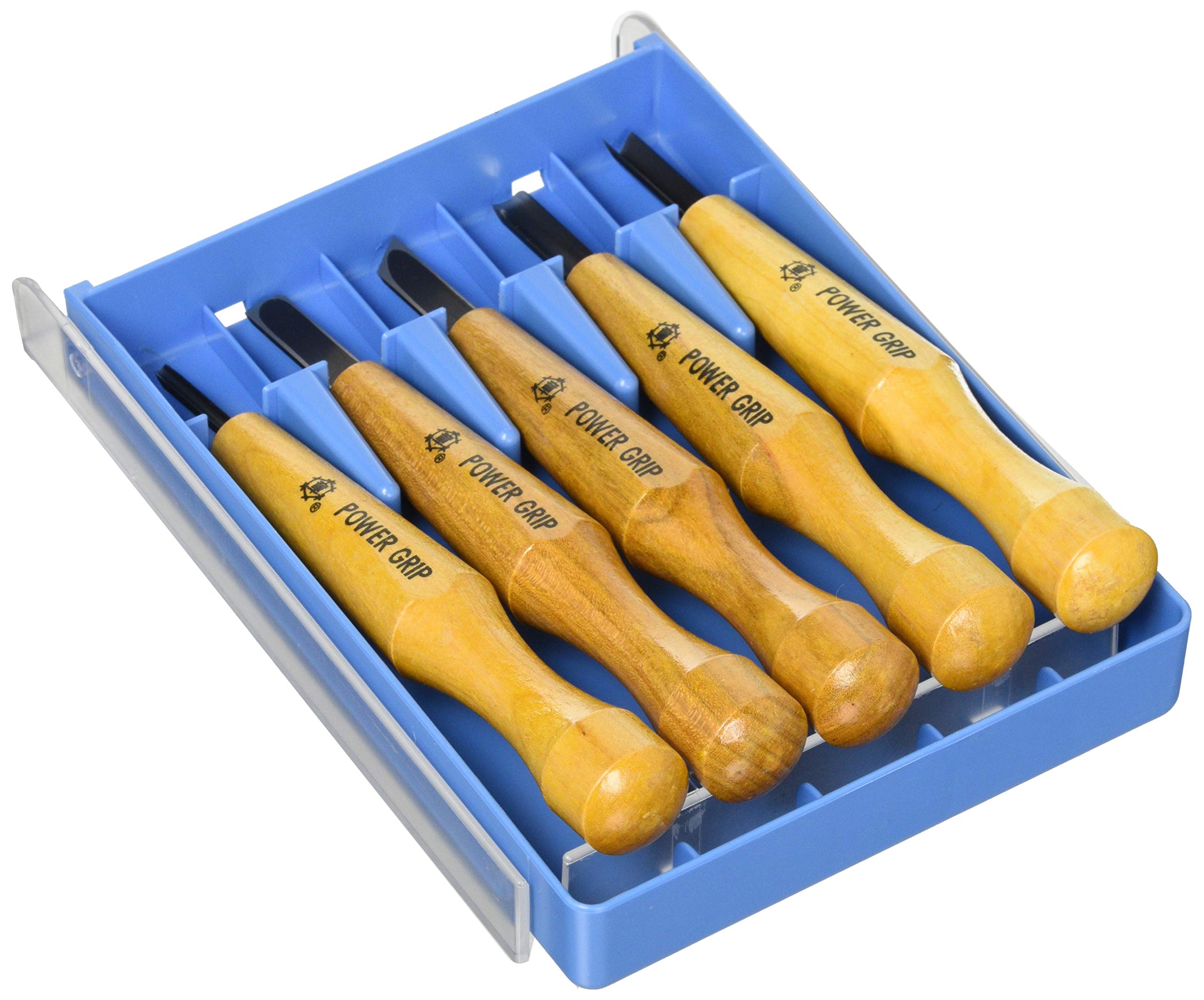 Mikisyo Hamono power grip chisel set in transparent case for organized storage and quick access.
