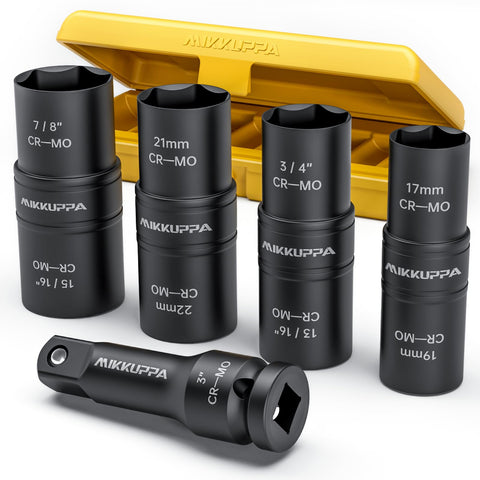 MIKKUPPA flip socket set shows double-sided 19mm and 17mm for quick lug nut changes