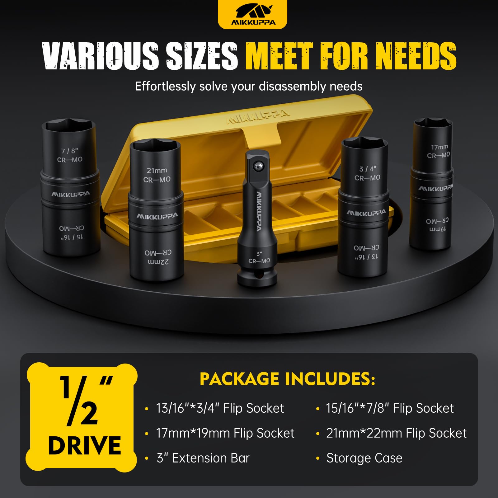 MIKKUPPA flip socket set displays double-sided 21mm and 22mm for tire changes