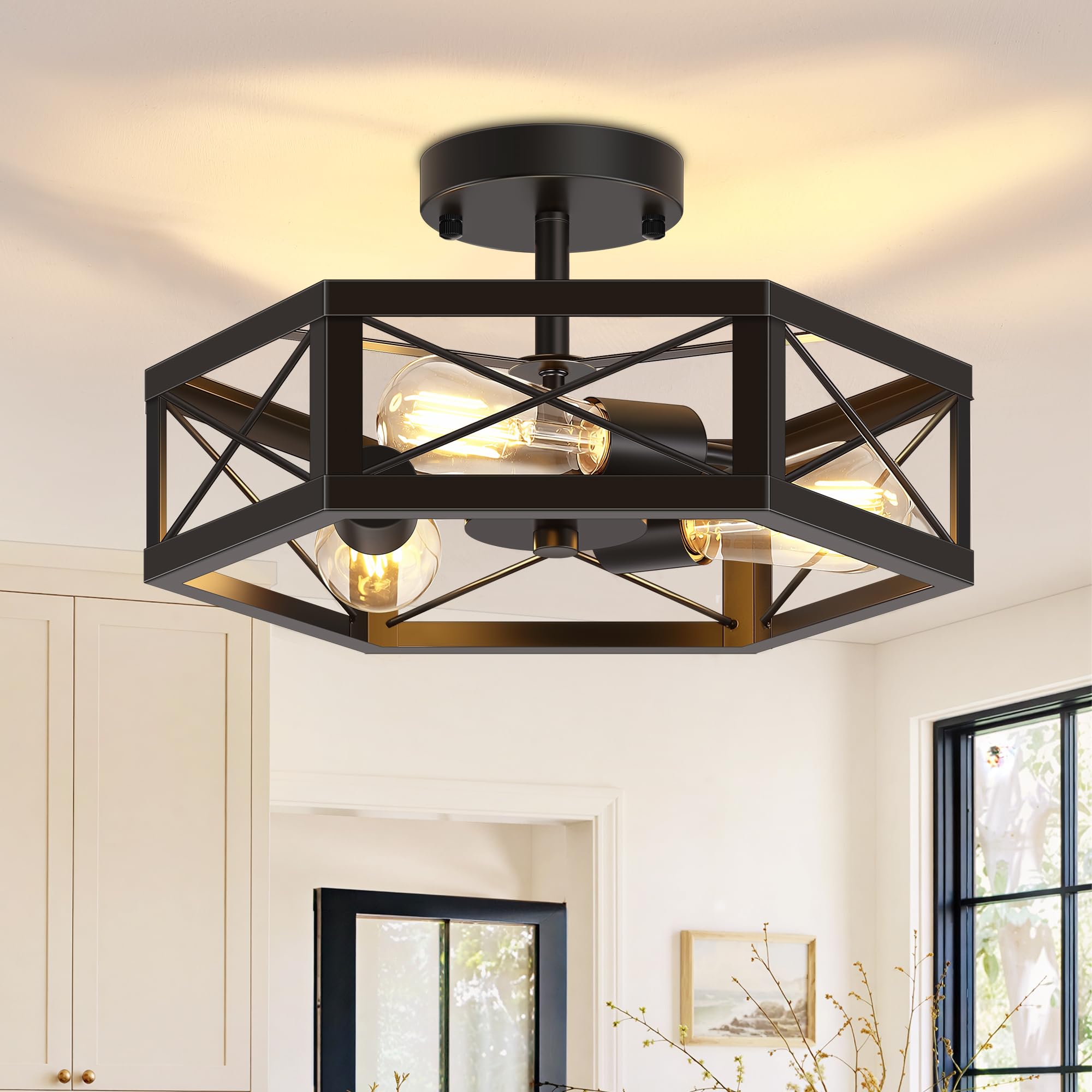Mikniri 3-light kitchen fixture with hexagon cage for bright cooking area.