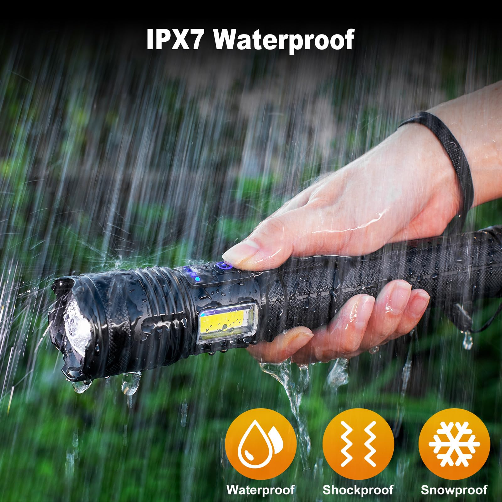 MILAOSHU IPX7 waterproof flashlight built for rain and wet environments.