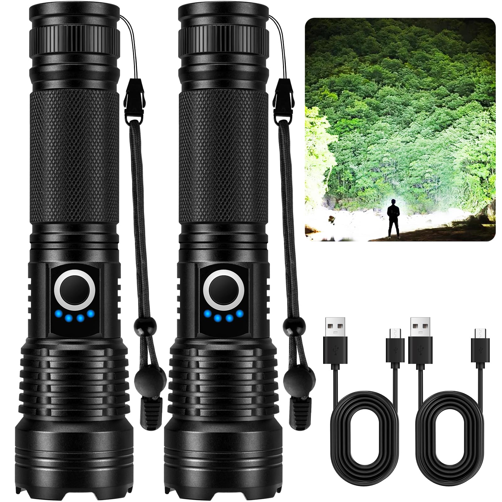 MILAOSHU rechargeable flashlight front view shows 90,000 lumens for wide outdoor illumination.