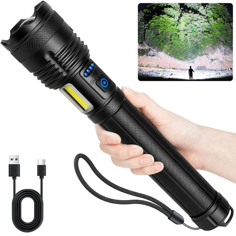 MILAOSHU rechargeable flashlight with 90,000 lumens for bright outdoor visibility.