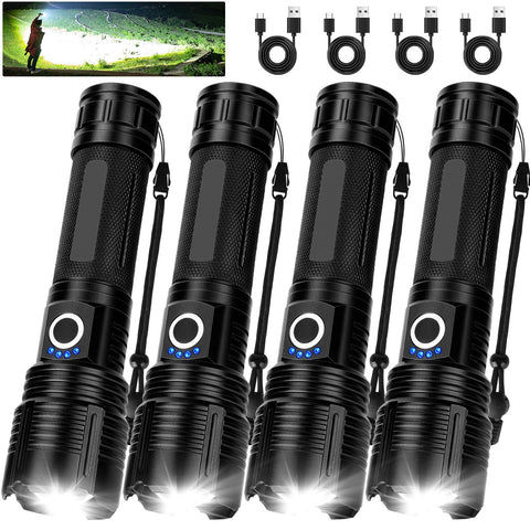 MILAOSHU 4-pack flashlights with 99,000 lumens for outdoor lighting.