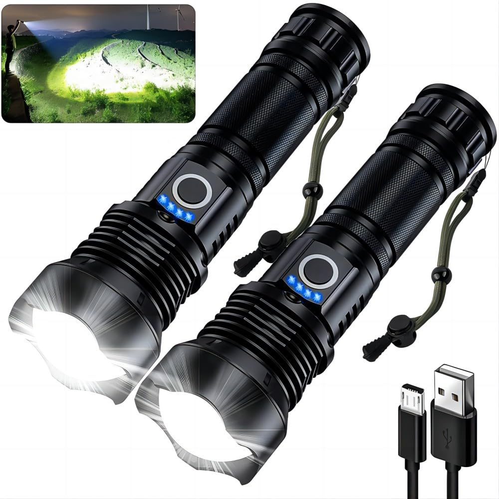 MILAOSHU 90000-lumen flashlight two-pack for rugged outdoor use.