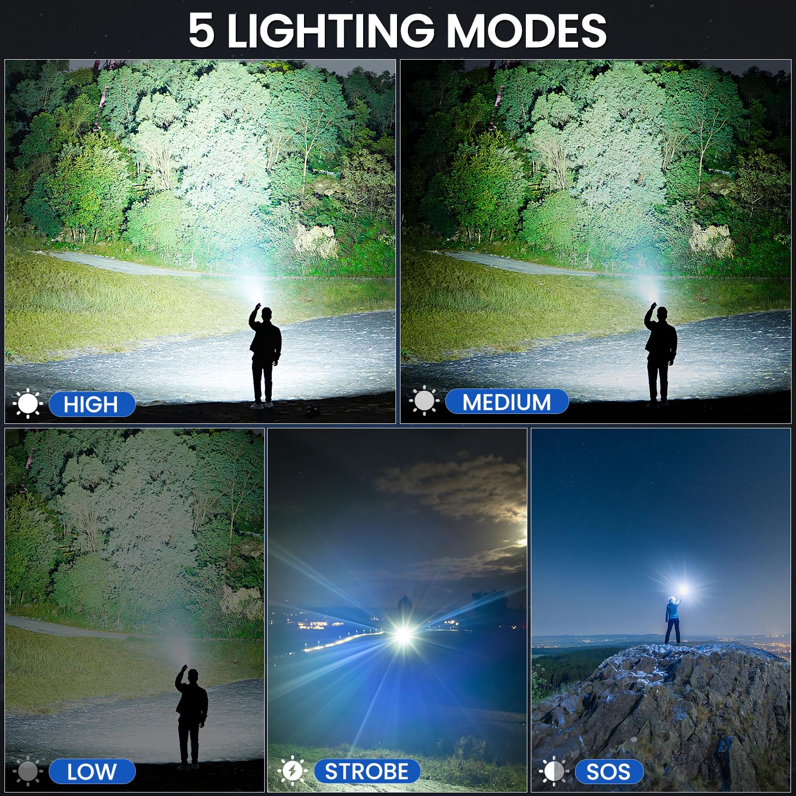MILAOSHU long-life flashlight delivers up to 15 hours per charge.